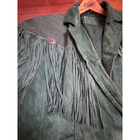 90s VTG Womens Vintage Green Suede Fringe Western Jacket Lace Up Back Size 4 / 6 - Picture 5 of 16